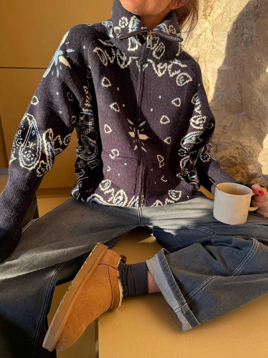 Grey Bandana Patterned Cardigan