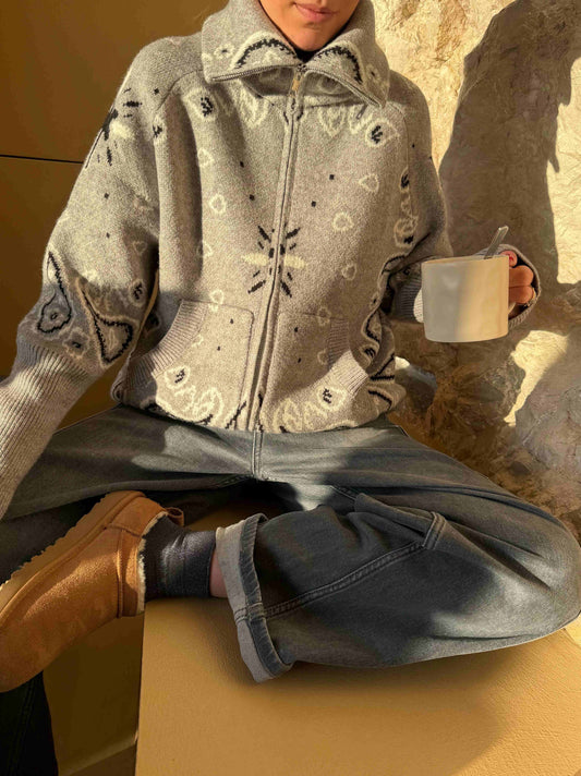 Grey Bandana Patterned Cardigan
