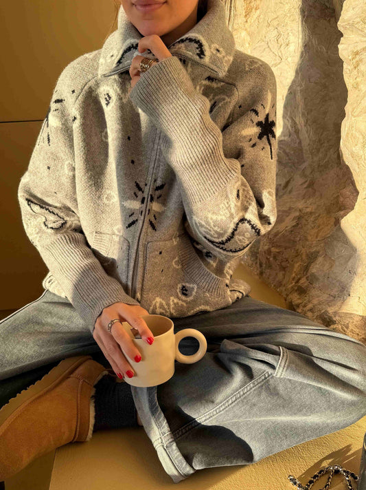 Grey Bandana Patterned Cardigan